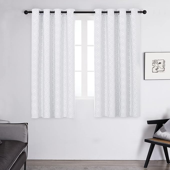 Deconovo White Room Darkening Curtains for Kitchen Nursery Office (52x63 Inch, Silver Grey/Geometry, 2 Panels) Thermal Insulated Soundproof Drapes for Bedroom Living Room