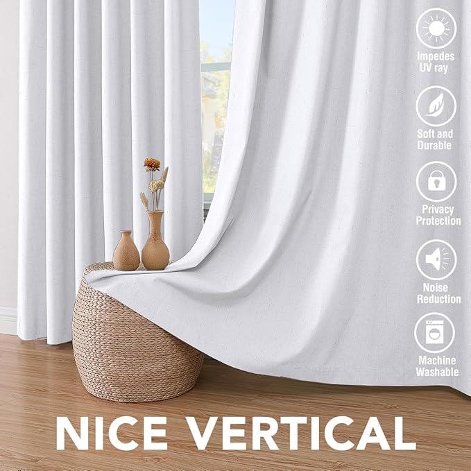 H.VERSAILTEX Linen Curtains 100% Blackout Curtains for Bedroom 102 inch Long Full Light Blocking Nature Linen Blended Window Curtains for Living Room Nickel Grommet (2 Panels, Bright White)
