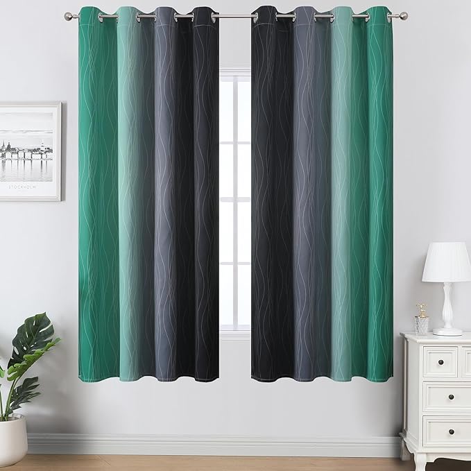 Estelar Textiler Black and Green Blackout Ombre Curtains for Bedroom 63 Inches Long, Gradient Light Blocking Thermal Insulated Grommet Drapes for Living Room,52Wx63L,2 Panels