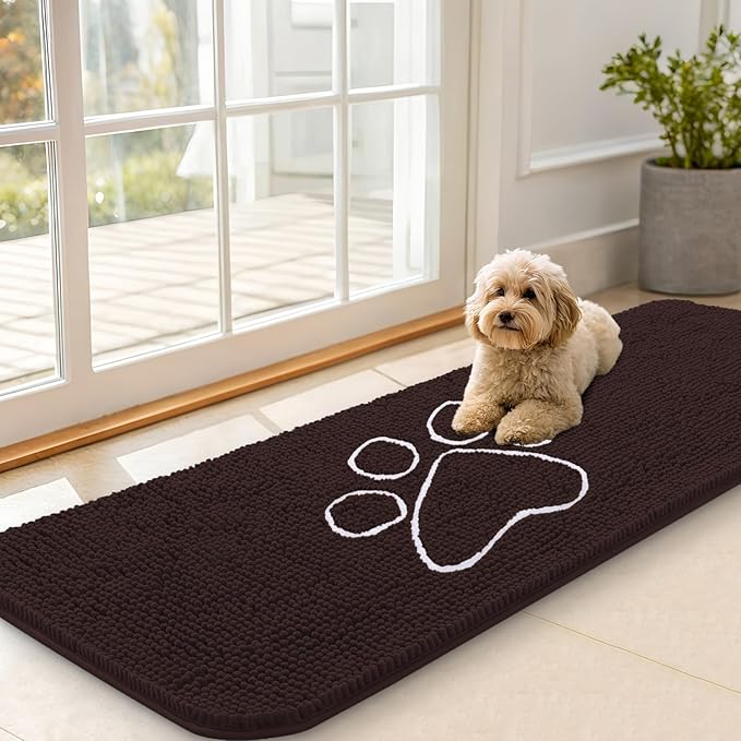 OLANLY Dog Door Mat for Muddy Paws 59x20, Paw Print Design, Absorbs Moisture and Dirt, Absorbent Non-Slip Washable Doormat, Quick Dry Chenille Mud Mat for Dogs, Entry Indoor Entryway Carpet, Brown