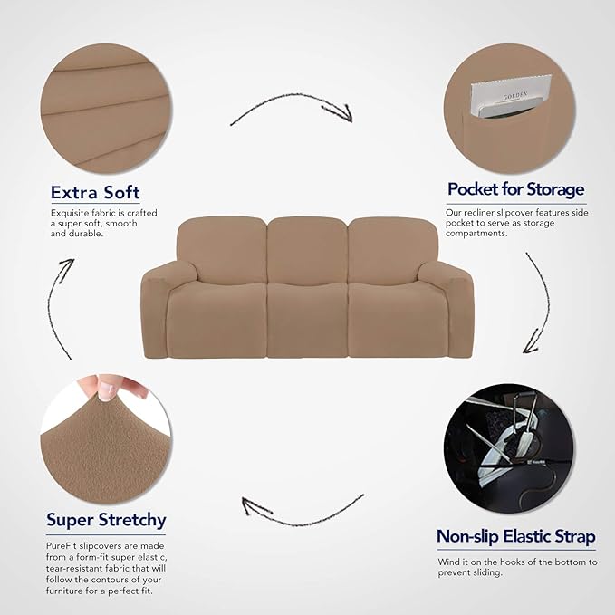 PureFit Super Stretch 3 Seats Recliner Chair Sofa Couch Cover with Pocket – Non Slip Soft Sofa Slipcover, Washable Spandex Reclining Furniture Protector for Kids, Pets (Recliner Sofa, Camel)
