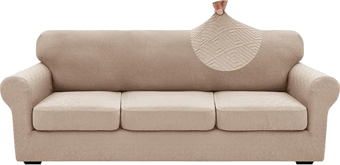 XINEAGE 2026 New 4 Pieces Extra Large Couch Covers for 3 Cushion Sofa Super Stretch Sofa Cover for 3 Large Seat Cushion Universal Slip Cover for Living Room (Khaki), 91"-110"(3 Cushions)