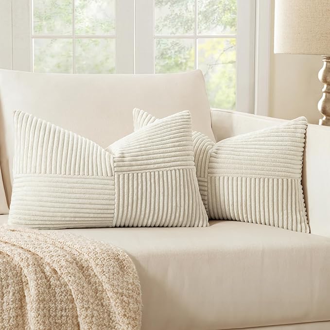 MIULEE Beige Decorative Lumbar Throw Pillow Covers 14x22 Inch for Couch Bed Sofa Pack of 2 Boho Neutral Farmhouse Throw Pillows Soft Cross Corduroy Patchwork Textured Cushion Cases