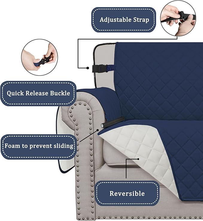 Easy-Going Reversible Chair Cover Washable Sofa Cover for Dogs Water Resistant Couch Slipcover Furniture Protector Cover with Adjustable Straps for Pets (Chair 30 in, Navy/Ivory)