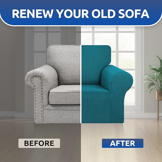 KEKUOU Stretch Single Sofa Slipcover 1 Piece Couch Sofa Cover (31"-55") Furniture Protector 1 Seater Sofa with Elastic Bottom for Kids,Pet.Jacquard Small Checked Pattern Fabric(Small,Peacock Blue)