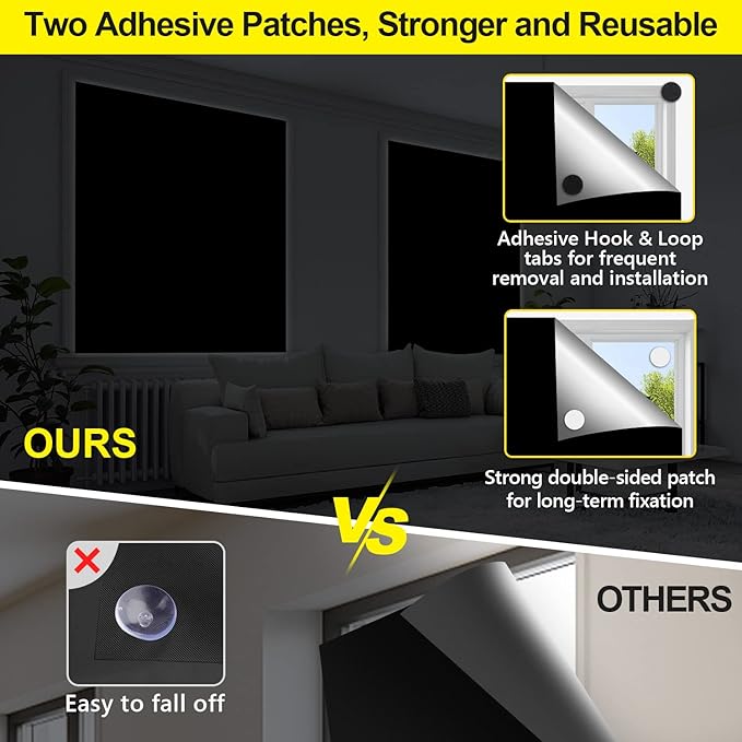 FADOTY 100% Blackout Curtains, Portable Black Out Window Cover Film, Cuttable Blackout Shades Fabric Sheet, No Drill Window Blinds, Sun Heat Light Blocker for Travel Media Dorm Bedroom, 57''W - 2Pack