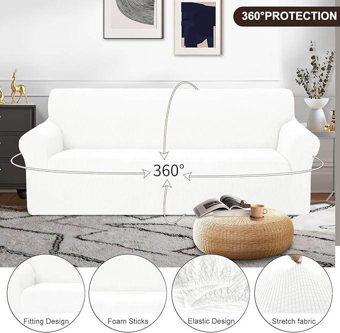 U-NICE HOME Oversized Stretch Sofa Slipcover, Soft Jacquard Fabric Couch Cover, Pet Friendly Furniture Protector, Ivory White