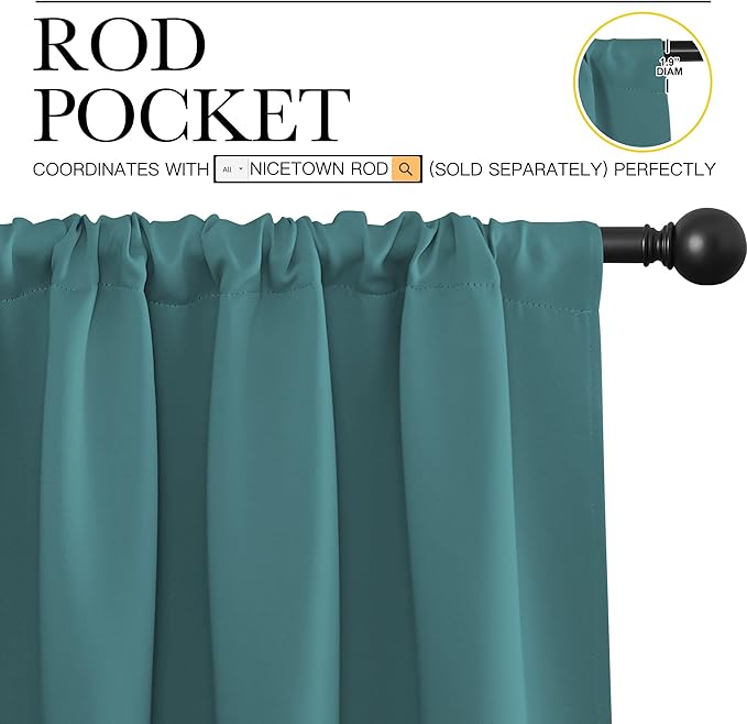 NICETOWN Living Room Curtains, Window Curtain Panels, Thermal Insulated Solid Rod Pocket Blackout Draperies/Drapes (Sea Teal, One Pair, 70 by 84-inch)
