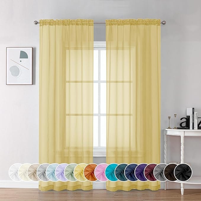 Chyhomenyc Mustard Yellow Sheer Curtains 72 Inches Long, Light Filtering Window Sheer Curtain Panel Drapes, Elegant Curtains & Drapes for French Door Living Room, Each 42Wx72L Inches, 2 Panels