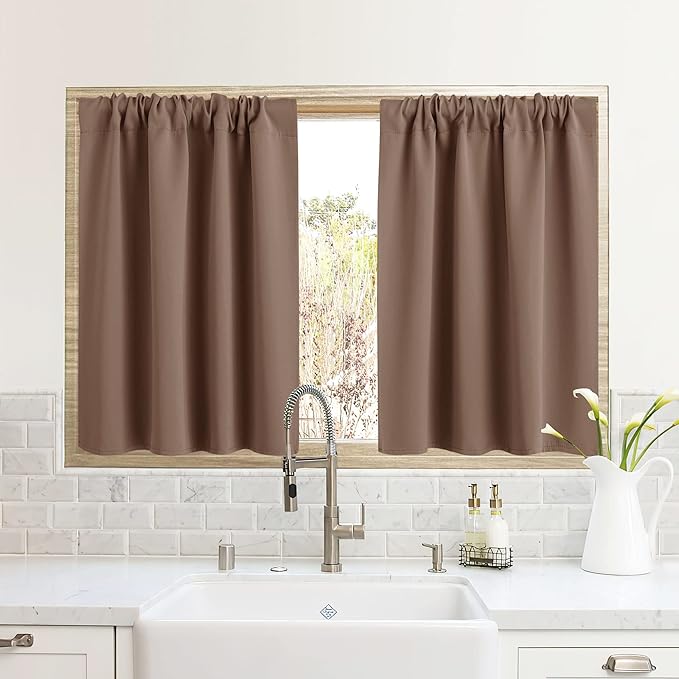 RYB HOME RV Curtains for Camper Windows, Mini Small Thermal Insulated Sunlight Heat Blocking Blackout Privacy Portable Curtains for Travel Trailer, Width 34 by Length 24, Mocha, 2 Panels