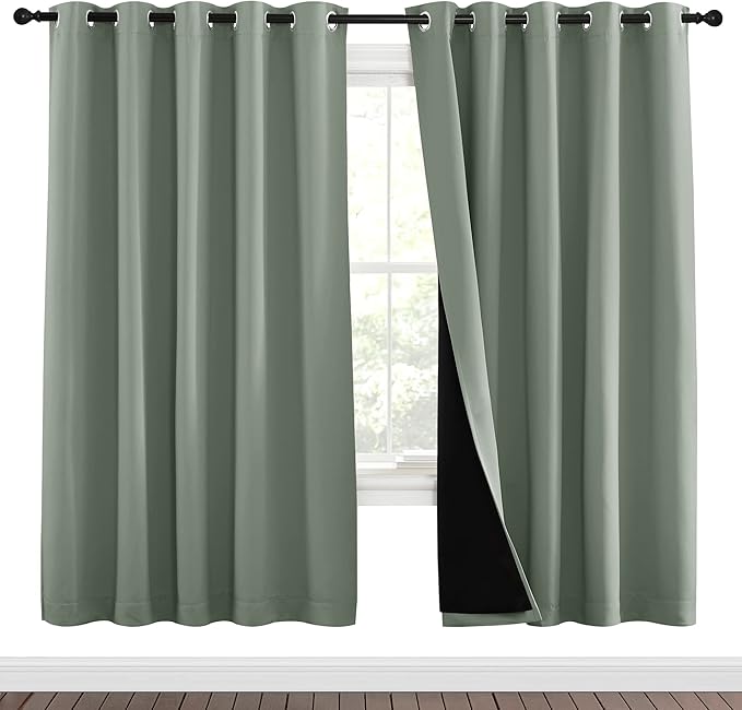 NICETOWN 100% Blackout Window Curtain Panels, Full Light Blocking Drapes with Black Liner for Nursery, 72-inch Drop Thermal Insulated Draperies (Greyish Green, 2 Pieces, 70-inch Wide Per Panel)