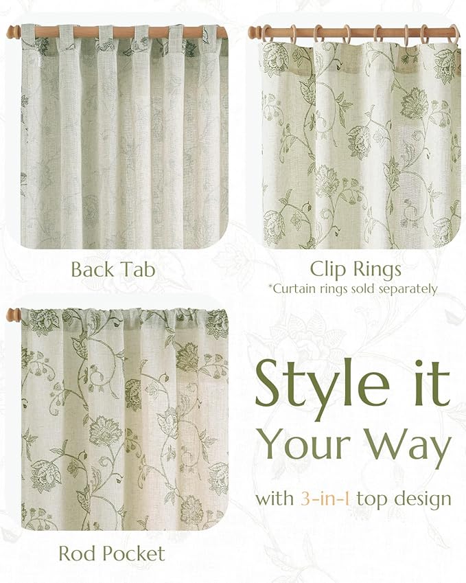 jinchan Linen Curtains Floral Curtain 84 Inch Length for Living Room Bedroom Light Filtering Rod Pocket Back Tab Jacobean Curtains Flax Linen Texture Window Drapes Set 2 Panels Green on Linen