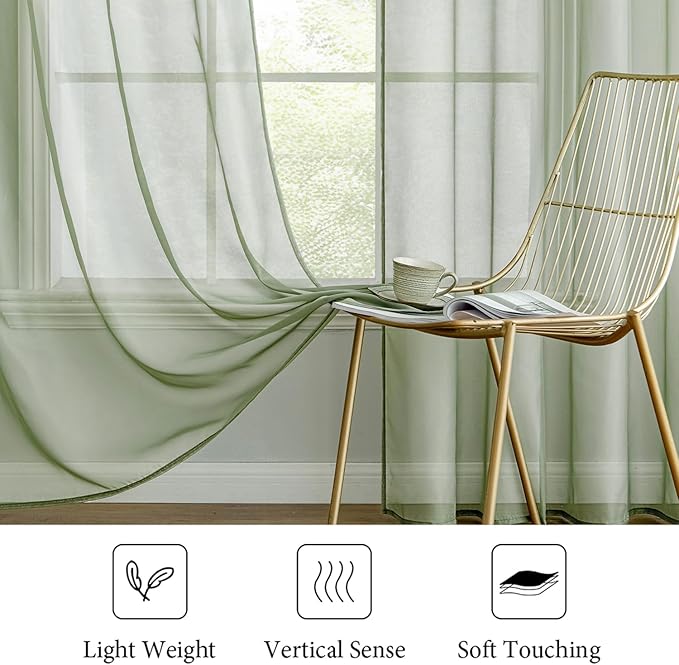 MIULEE 2 Panels Sage Green Sheer Window Curtains Elegant Window Voile Panels/Drapes/Treatment for Bedroom Living Room (54X63 Inches)