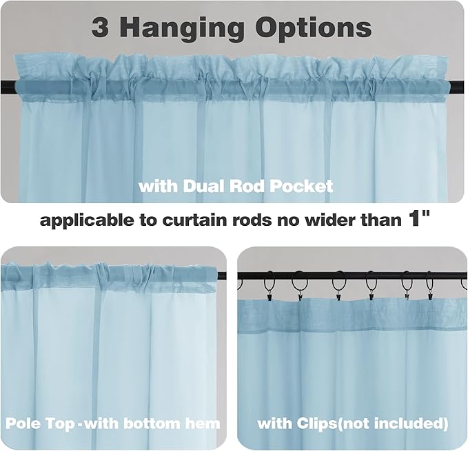 Chyhomenyc Sheer Valances for Windows 2 Pack, Small Window Curtains for Living Room Bathroom Cafe Laundry Basement, Modern Top Dual Rod Pocket Voile Curtain, 42W x 18L inches, Sky Blue