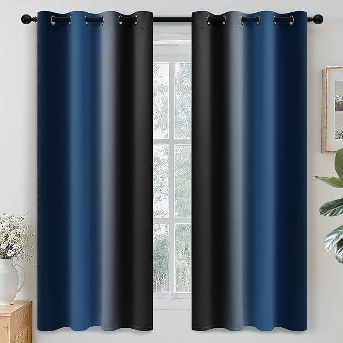 Yakamok Blackout Ombre Dark Blue and Black Curtains for Bedroom, Gradient Room Darkening Curtains, Grommet Thermal Insulated Light Blocking Window Drapes/Curtain for Living Room,52 x 63 Inch,2 Panels