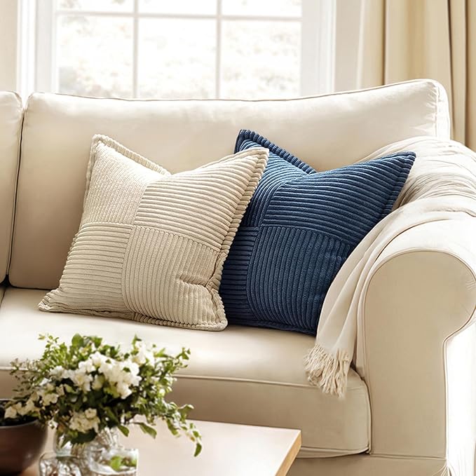 MIULEE Decorative Euro Sham Throw Pillow Covers for Couch Bed Livingroom 26x26 Inch Set of 2 Blue Boho Accent Throw Pllows Broadside Striped Patchwork Soft Corduroy Summer Coastal Pillowcases