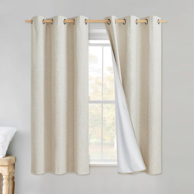 NICETOWN Linen Blackout Curtains 54" Long for Classroom, Beige, Set of 2, Short Kitchen Burlap Linen 100% Blackout Drape Panels for Night Shift, Great Job for Blocking Light