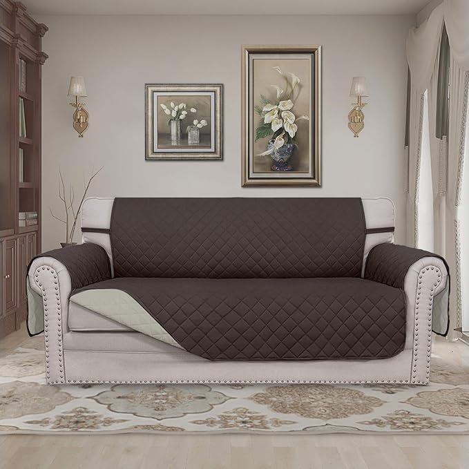 Easy-Going Sofa Slipcover Reversible Loveseat Sofa Cover Couch Cover for 2 Cushion Couch Furniture Protector with Elastic Straps for Pets Kids Dog Cat (Oversized Loveseat, Chocolate/Beige)