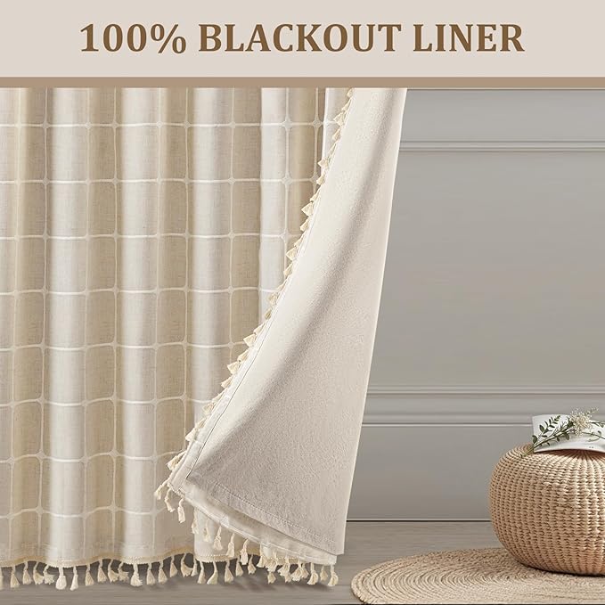 Boho Blackout White Plaid Curtains 84 Inch Beige Linen Blend Drapes with Tassels 2 Panels, Cotton Embroidered Farmhouse Curtains for Living Room Bedroom Rustic Vintage Decor