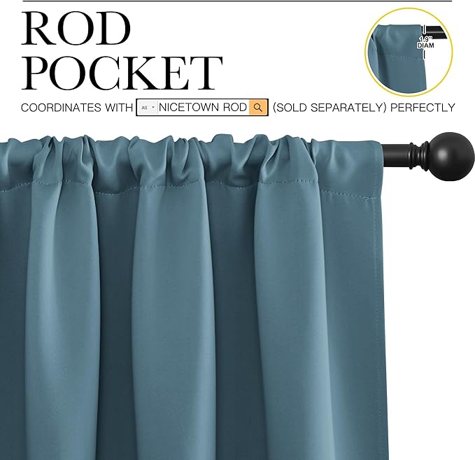 NICETOWN 2 Panels Blackout Curtains, Rod Pocket Window Curtains Room Darkning Drapes for Bedroom/Living Room, Thermal Insulated Solid Draperies for Home Office/Study, 62 by 72-Inch, Smoky Blue