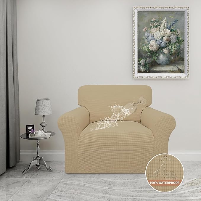 Easy-Going 100% Waterproof Oversized Chair Couch Cover, Dual Waterproof Sofa Cover, Stretch Jacquard Sofa Slipcover, Leakproof Furniture Protector for Kids, Pets, Dog and Cat, Sand