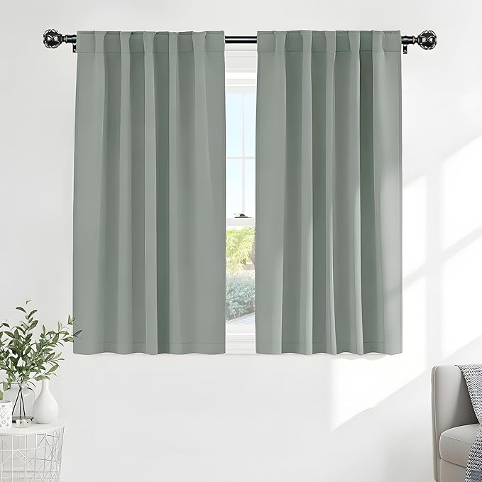 PONY DANCE Sage Green Blackout Curtains, Solid Back Tab Thermal Insulated Light Blocking Drapes for Kitchen/Bathroom Window, Short Small Drapes for RV Camper, 42 W x 45 L, 2 Panels