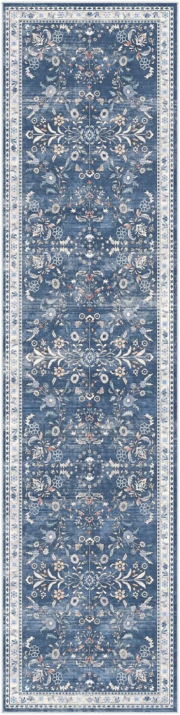 Yamaziot Washable Runner Rug 2x8 – Non Slip Boho Floral Hallway Runner Rug with Rubber Backing, Low Pile Wool Distressed Carpet for Kitchen, Laundry, Bedroom, Entrance, Blue