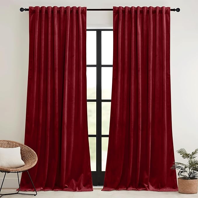 RYB HOME Red Velvet Curtains 84 inches- Room Darkening Curtains Heavy Duty Christmas Backdrops Window Drapes for Living Room Stage Party Decor, Width 52 x Length 96 inch, Red, 2 Panels