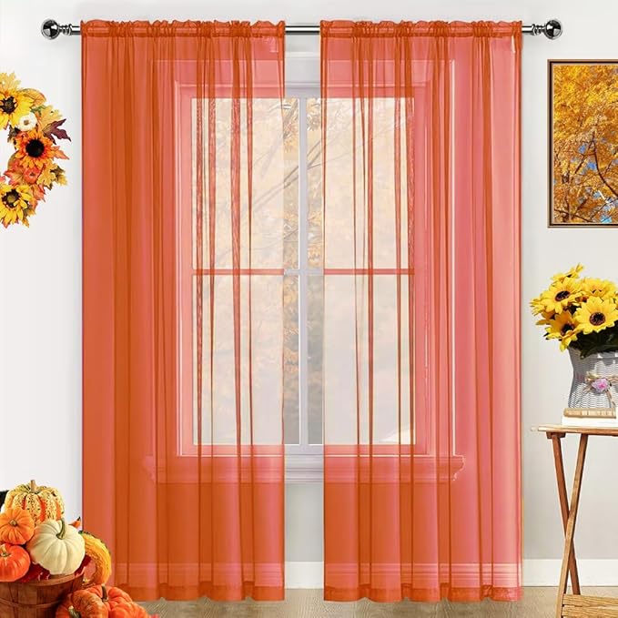 SpaceDresser Basic Rod Pocket Sheer Voile Window Curtain Panels Jaffa Orange 1 Pair 2 Panels 52 Width 84 Inch Long for Kitchen Bedroom Children Living Room Yard(Jaffa Orange,52 W x 84 L)