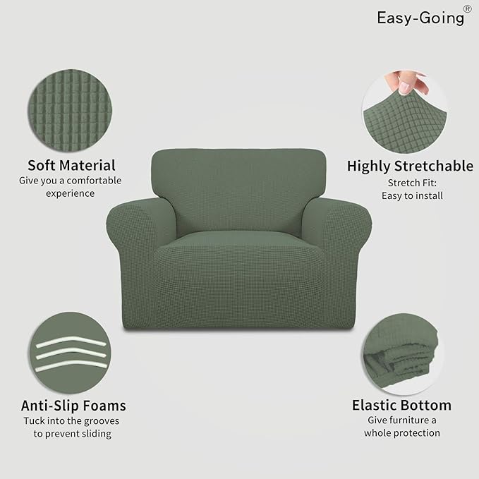 Easy-Going Stretch Oversized Chair Sofa Slipcover 1-Piece Couch Sofa Cover Furniture Protector Soft with Elastic Bottom for Kids Spandex Jacquard Fabric Small Checks Greyish Green