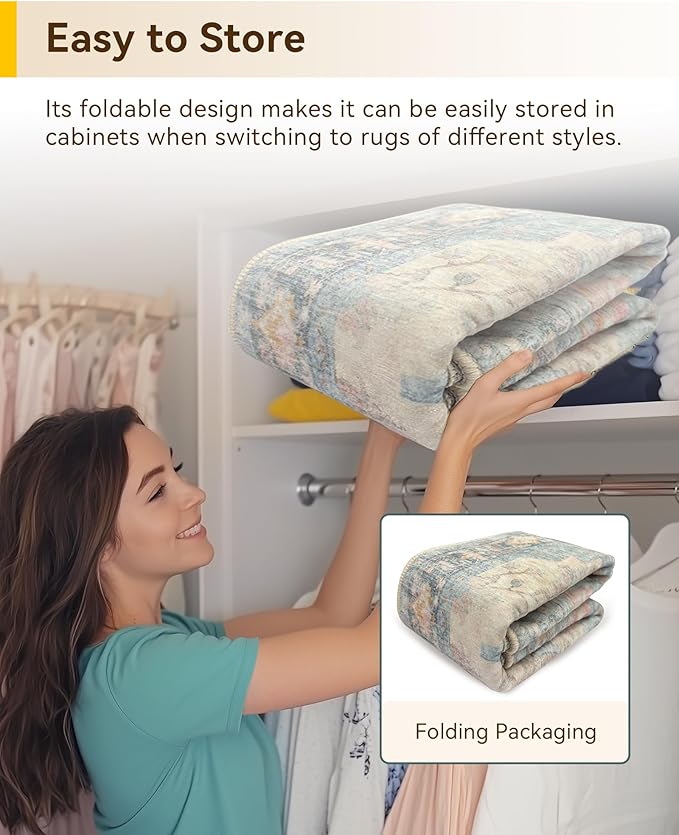 RELEANY Area Rugs 9'x12' Washable Non-Slip, Floral Vintage Distress Print Pattern Medallion Carpet for Living Room Bedroom Dining Room, Blue Orange Red