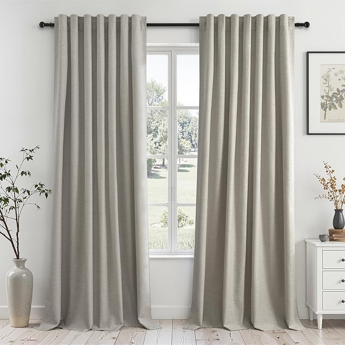 Topfinel 100% Blackout Grey Linen 96 Inch Length Curtains for Living Room 100% Blackout Pleated Drapes Noise Reducing Thermal Insulated Curtain Panels for Bedroom 2 Panels Flax Grey