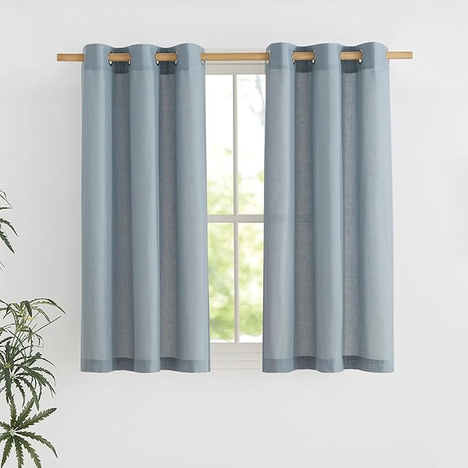 NICETOWN Stone Blue Short Linen Curtains for Kitchen, Thick Flax Small Window Treatments Semi Sheer Privacy Assured with Light Through for Cafe/Bathroom, W42 x L48, 2 Panels