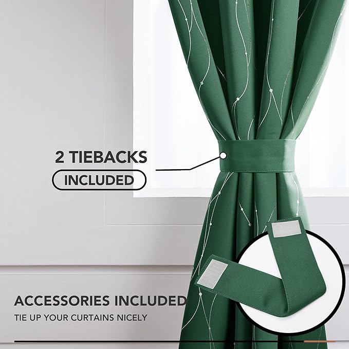 Deconovo Green Curtains, Christmas Blackout Drapes, Thermal Insulated Soundproof Drape, Wave Line Dot Foil Print, 52 x 108 Inch, 2 Panels, Machine‑Washable Window Panel for Living Room Kitchen Nursery