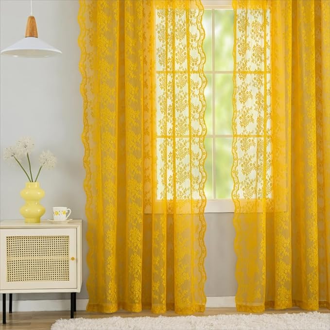 YJ YANJUN Vintage Lace Curtains 84 Inches Long-Victorian Floral Pattern Boho Mustard Yellow Sheer Curtain Panels for Living Room Bedroom,Light Filtering, Dark Gold Summer Drapes 2 Panels 52W x 84L