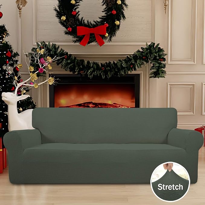Easy-Going Stretch Oversized Sofa Slipcover 1-Piece Sofa Cover Furniture Protector Couch Soft with Elastic Bottom for Kids, Polyester Spandex Jacquard Fabric Small Checks Olive Green