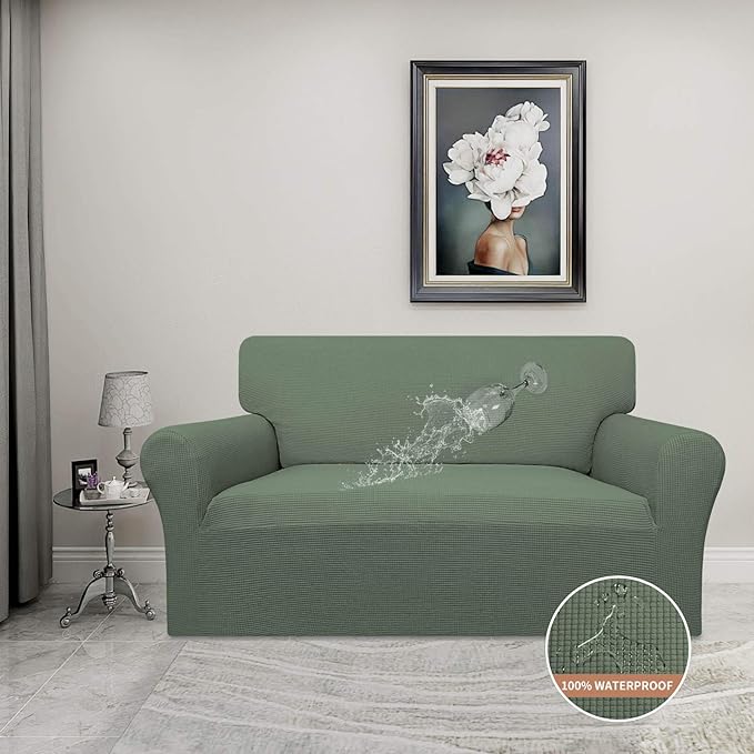 Easy-Going 100% Waterproof Loveseat Couch Cover, Dual Waterproof Sofa Cover, Stretch Jacquard Sofa Slipcover, Leakproof Furniture Protector for Kids, Pets, Dog and Cat (Loveseat, Grayish Green)