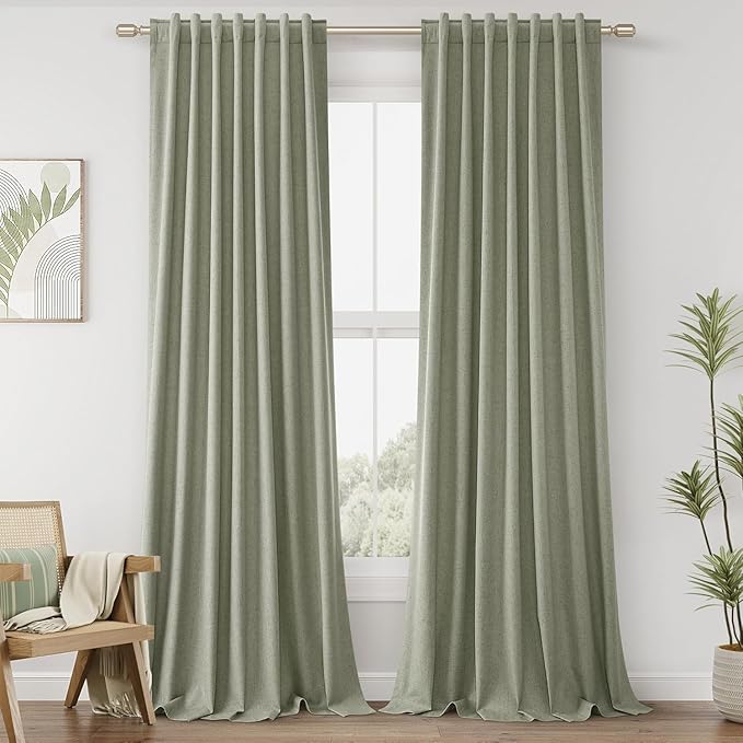 Guken 100% Blackout Linen Curtains 112 Inch Wide by 52 Inch 2 Panels Set for Living Room Bedroom Back Tab Thermal Insulated Black Out Linen Drapes Room Darkening Window Curtains, Sage Green