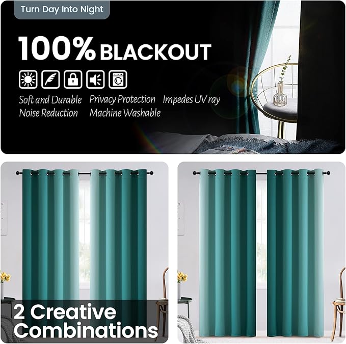 SimpleHome Blackout Curtains Ombre for Living Room,Room Darkening Teal Curtains Set of 2 Panels Thermal Insulated Bedroom Curtains，52 x 84 Inch