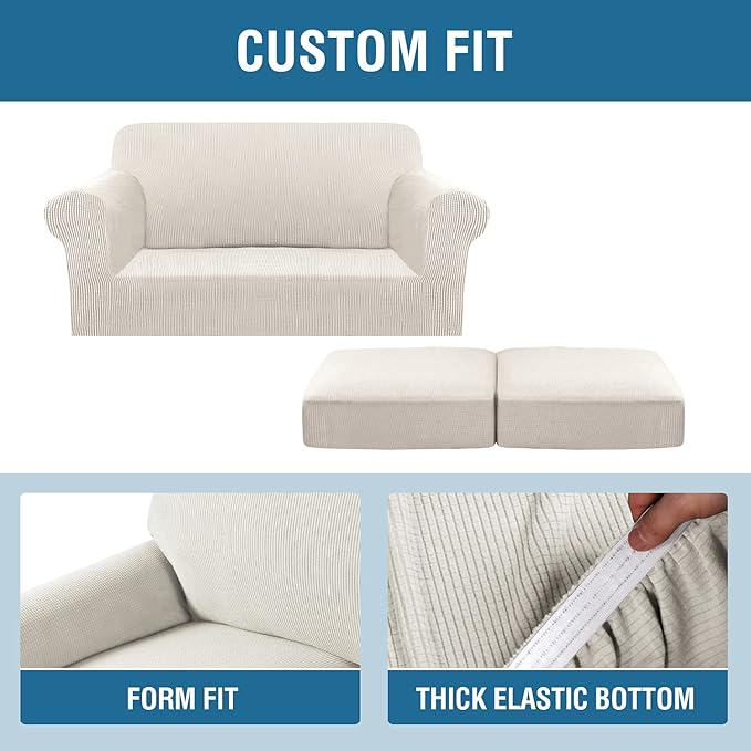 H.VERSAILTEX 3 Piece Stretch Sofa Covers for 2 Cushion Loveseat Couch Covers for Living Room Sofa Slipcovers (Base Cover Plus 2 Seat Cushion Covers) Thicker Jacquard Fabric(Medium Sofa, Ivory)