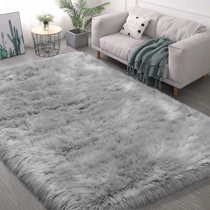 Fluffy Area Rug, Grey Faux Fur Rug for Bedroom 3'x5', Soft Shag Fuzzy Rugs for Living Room, Gray Furry Bedside Nursery Rug Plush Indoor Floor Carpet for Kids Room Teen Dorm,Home Decor Aesthetic