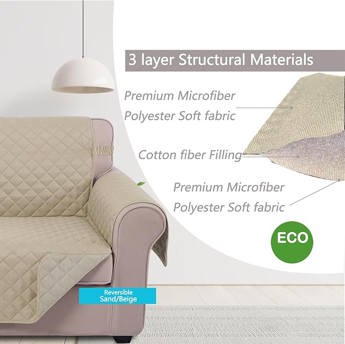 U-NICE HOME Reversible Sofa Cover Couch Cover for Dogs with Elastic Straps Water Resistant Furniture Protector for Pets Couch Cover for 3 Cushion Couch (Sofa, Sand/Beige)
