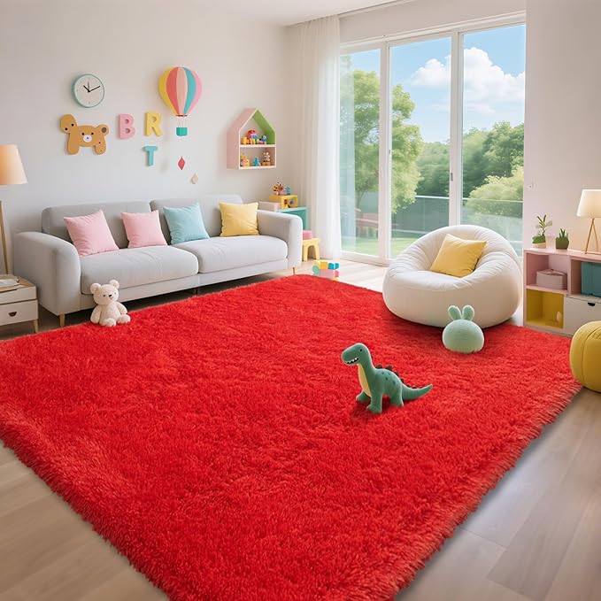 Red Shag Area Rugs for Bedroom Living Room,Ultra Soft Fluffy Christmas Area Rugs 9x12 for Dorm,Indoor Carpet Nursery Rugs for Kids Girls Room Home Decor (Red, 9X12 Feet)
