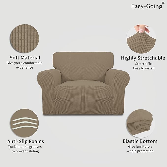 Easy-Going Stretch Oversized Chair Sofa Slipcover 1-Piece Couch Sofa Cover Furniture Protector Soft with Elastic Bottom for Kids Spandex Jacquard Fabric Small Checks Natural