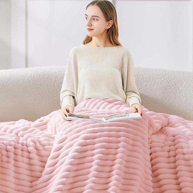 BEDELITE Full Size Blanket for Bed, 300GSM Soft & Warm Fleece Pink Blanket, Decorative and Giftable Striped Blankets for Women, Men, 84"x90"