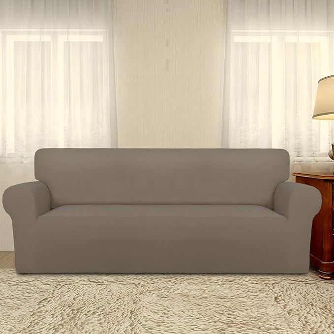 PureFit Super Stretch Sofa Slipcover – Spandex Non Slip Soft Couch Sofa Cover, Washable Furniture Protector with Non Skid Foam and Elastic Bottom for Kids, Pets （Oversized Sofa, Natural）