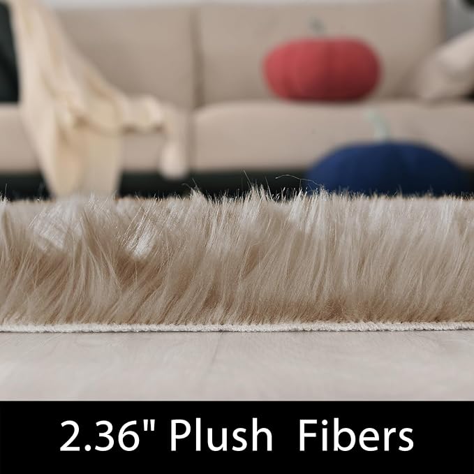 Latepis Washable Faux Fur 3x5 Area Rug Camel Beige Fluffy Shag Furry Sheepskin Rugs for Living Room Bedroom Dorm Plush Room Carpet Accent Rug Rectangle