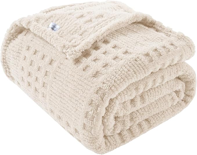 50x70 Inch Waffle Beige Throw Blanket -Fluffy Fleece, Neutral Tan Color, Cute & Aesthetic, Perfect for Sofa, Couch, Chair, Bed, Living Room & Bedroom, All-Season Use, Plush & Cozy Decorative Blanket