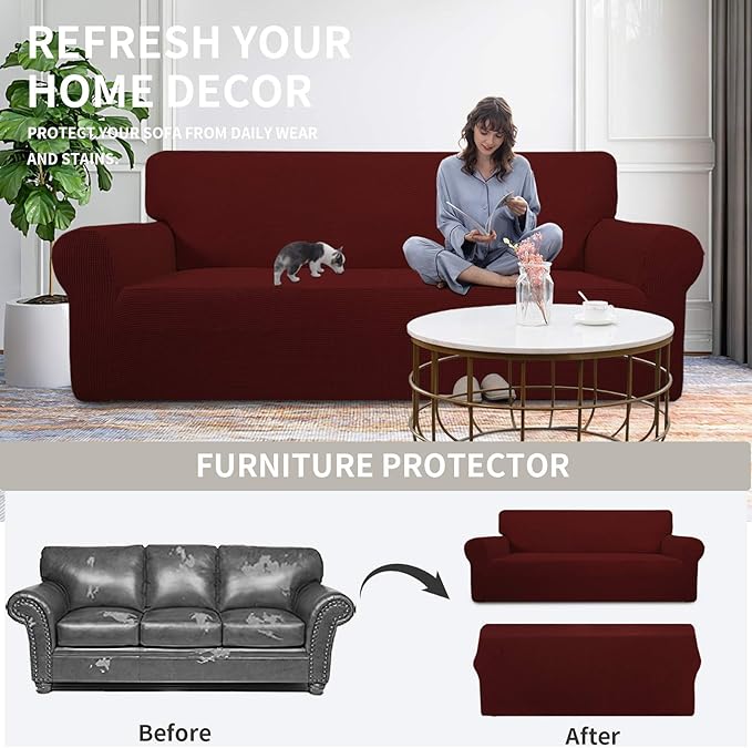 Easy-Going Stretch Loveseat Slipcover 1-Piece Sofa Cover Furniture Protector Couch Soft with Elastic Bottom for Kids Polyester Spandex Jacquard Fabric Small Checks (Loveseat, Wine)