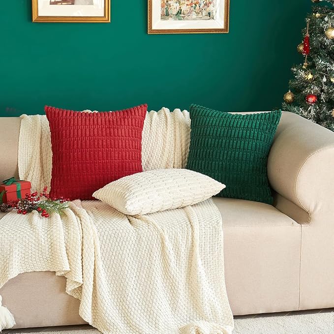MIULEE Pack of 2 Dark Green Corduroy Decorative Pillow Covers 18x18 Inch Soft Boho Striped Throw Pillow Covers Modern Farmhouse Home Decor for Sofa Living Room Couch Bed